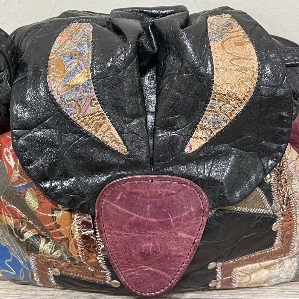 Leather Patchwork Crossbody Bag Drawstring Bucket… - image 7